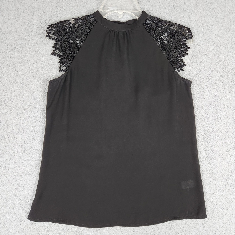 Express Blouse Womens XS Black Lace Shoulder Mock Neck Sleeveless Keyhole Back